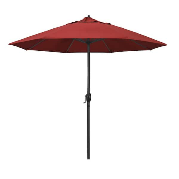 California Umbrella 9 ft. Black Aluminum Market Patio Umbrella Auto Tilt in Red Olefin