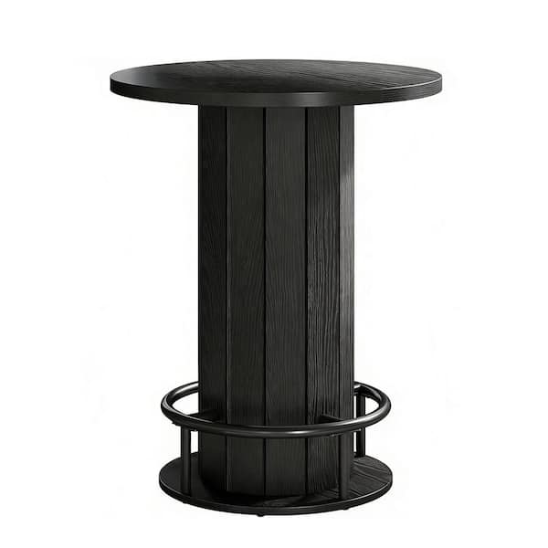 Black Wood Outdoor Coffee Table, Round Chatting Table, Bar Table with Metal Ring Footrest