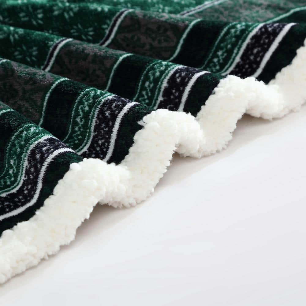 Fair Isle Green Sherpa Reversible Plush Throw Blanket