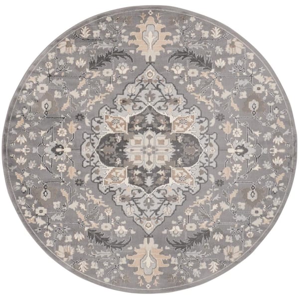 Nourison Elation Grey 5 ft. x 5 ft. Center medallion Traditional Round Area Rug