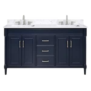 Bristol 61 in. W. x 22 in. D x 35 in. H Double sinks Bath Vanity Combo Navy Blue finish with Cala White Engineered Top