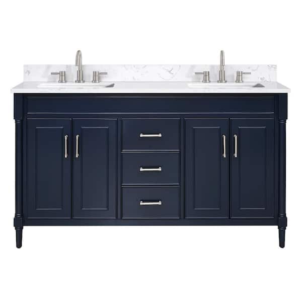 Bristol 61 in. Double Sink Navy Blue Bath Vanity with Cala White Engineered Stone Top