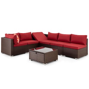 7-Pieces PE Rattan Wicker Outdoor Sofa Set Conversation Furniture Couch with Wine Red Cushions