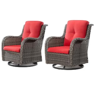 Wicker Patio Outdoor Lounge Chair Swivel Rocking Chair with Red Cushions (2-Pack)
