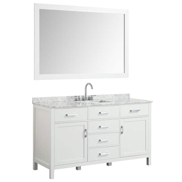 BEAUMONT DECOR Hampton 61 in. Bath Vanity in White with Marble Vanity Top in Carrara White with White Basin and Mirror