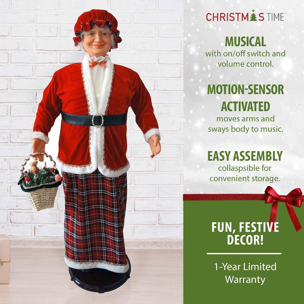 58-Inch Animated Dancing Mrs. Claus with Tartan Skirt and Gift Basket