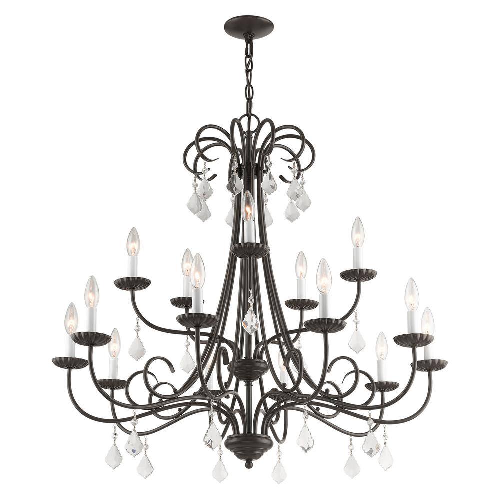 Daphne English Bronze 15-Light Chandelier with Teardrop Crystals