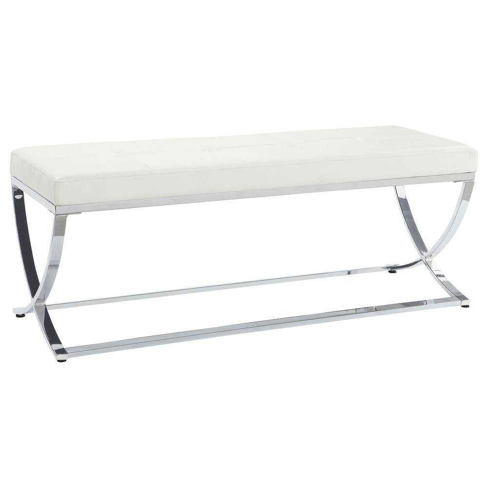 Beige Faux Leather Tufted Bedroom Bench with Chrome Frame