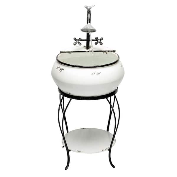 Alpine Corporation 32 in. Tall Outdoor Antique Metal Sink Water Fountain and Stand, White
