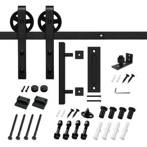 5 ft./60 in. Black Steel Bent Strap Sliding Barn Door Track and Hardware Kit with 12 in. Square Pull and Flush Handle