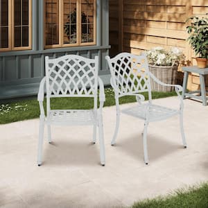 Set of 2 White Cast Aluminum Patio Dining Chairs