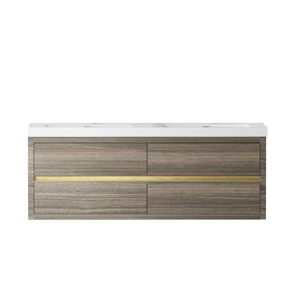 60 in. Wall-Mounted Grey Ash Bath Vanity with Glossy White Solid Surface Top Assembled