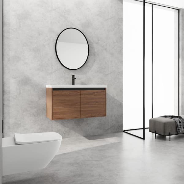 Elegant 35.43 in. W x 18.11 in. D x 20.47 in. H Single Sink BrownEbony Floating Bath Vanity with White Resin Top