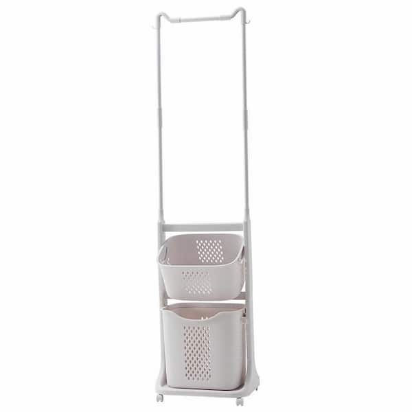 2-Tier Laundry Hamper Sorter with Hanging Bar, Rolling Laundry Baskets with Wheels Removable Bathroom in White