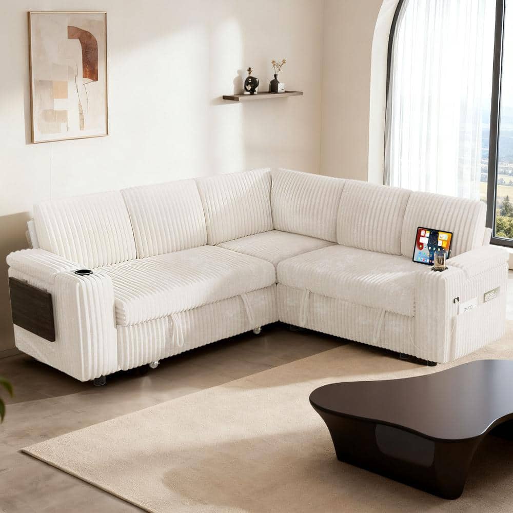 "85"" Beige Corduroy Modular 5-seater L-shaped Sectional Sleeper Sofa Bed with Pull Out Bed,USB Ports,Cup Holders" price history on PriceWatchPro