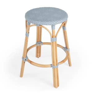 Tobias 24 in. Light Blue Backless Round Rattan Counter Stool (Qty 1)