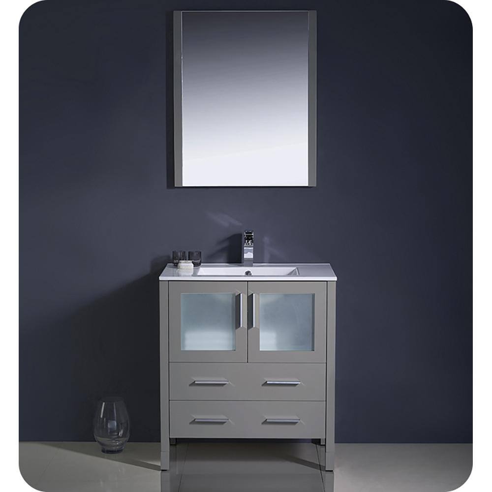 Gray Engineered Wood Freestanding Single Sink Vanity Base with Frosted Glass Doors
