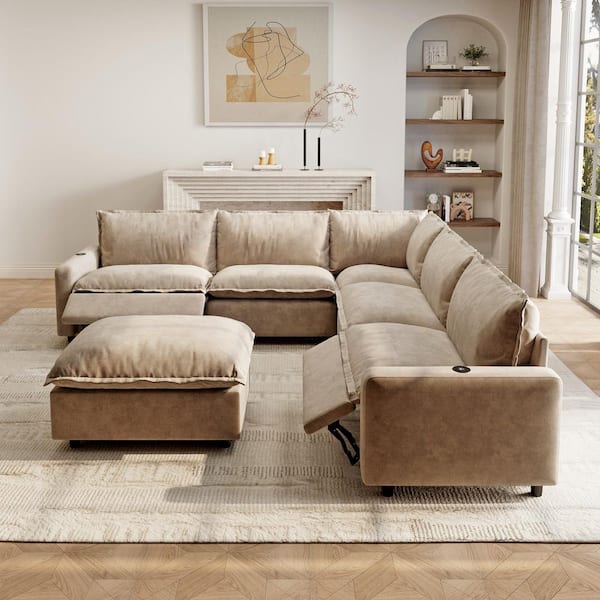Power Recliner Couch, 107 in. Square Arm 6-Piece Linen ModularMotion Sectional Sofa with Heating, USB Ports in. Khaki