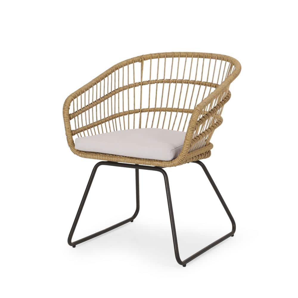 Set of 2 Light Brown and Beige Wicker Outdoor Dining Chairs with Iron Frame