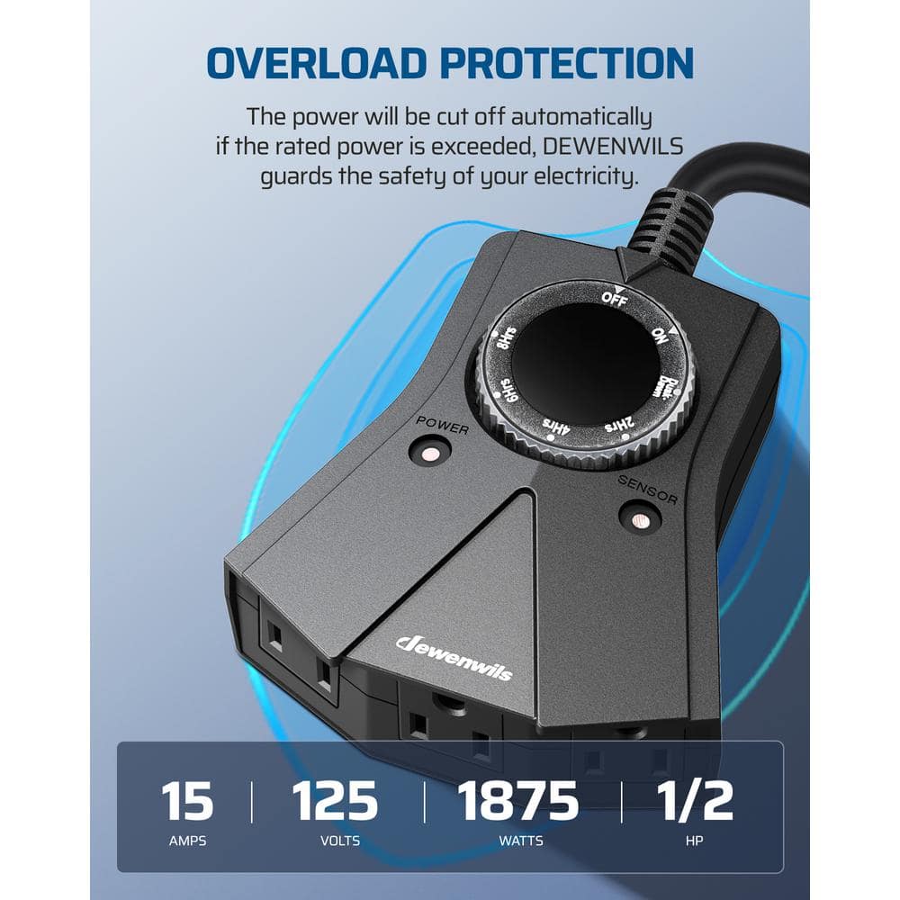 Black Waterproof Outdoor Timer with 3 Outlets and Dusk to Dawn Function