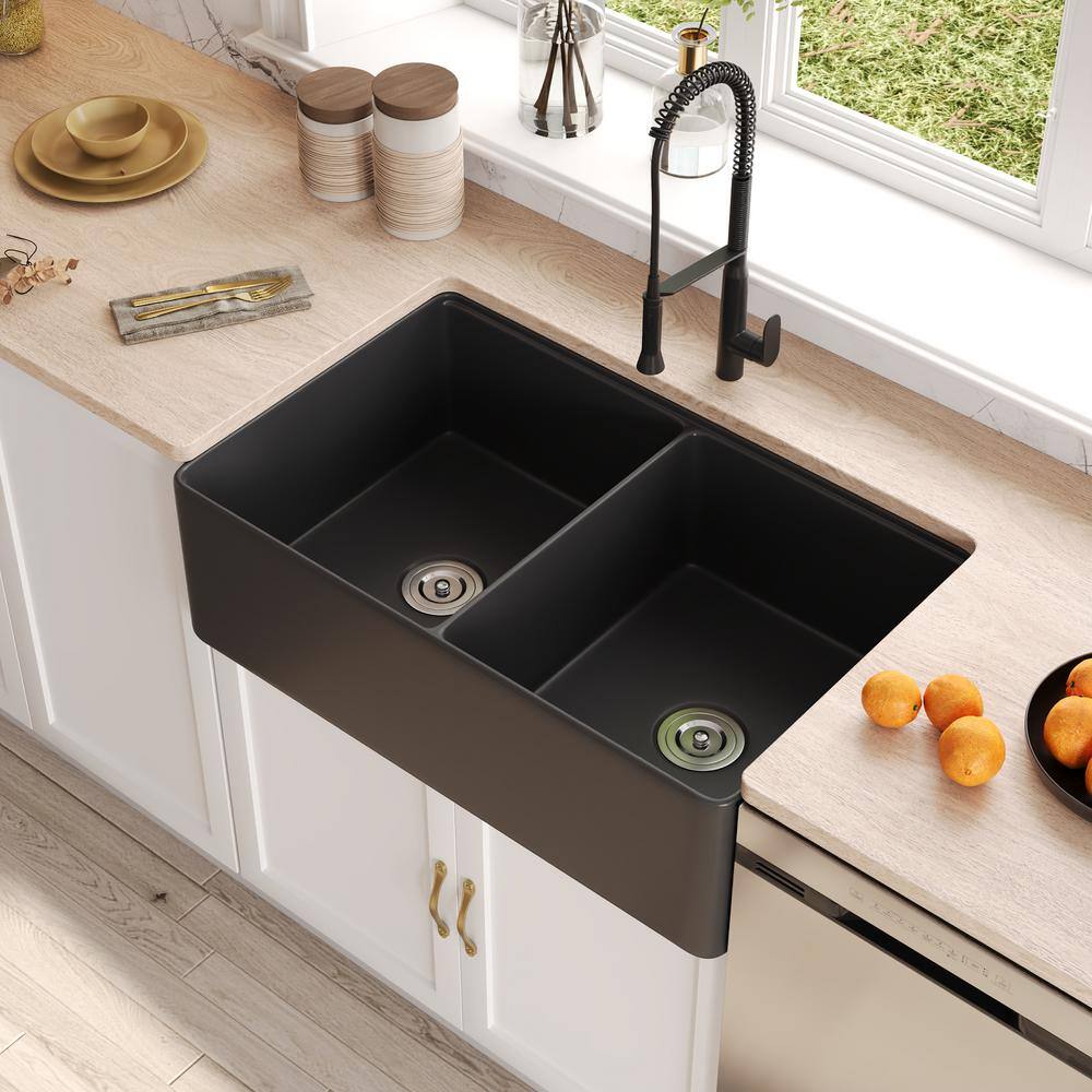 33" Black Fireclay Double Bowl Farmhouse Kitchen Sink with Accessories