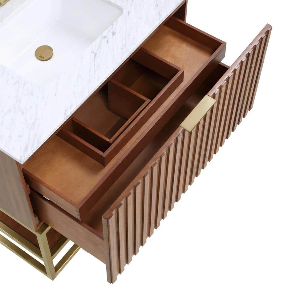 Walnut and Satin Brass 36" Single Bathroom Vanity with Carrara Marble Top