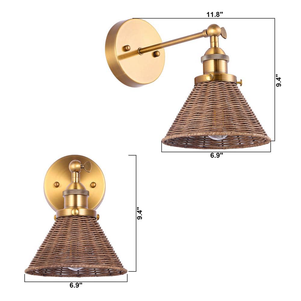 Brass and Rattan Swing Arm Wall Sconce with Woven Shade