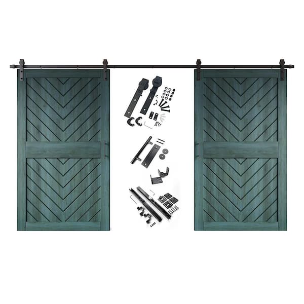 JT3 48 in. x 84 in. C-Panel Royal Pine Fishbone Design Double Pine Wood Sliding Barn Door with Hardware Kit