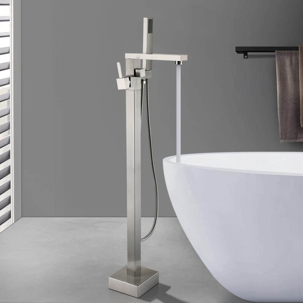 Brushed Nickel Freestanding Tub Filler with Hand Shower