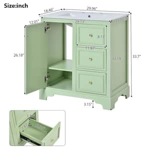 30 in. W Single Sink Bath Vanity in Green with White Ceramic Top, 3-Drawers and Adjustable Shelf Unassembled