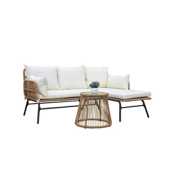 Unbranded 3-Piece Natural Color Wicker Outdoor Patio Sectional Sofa Set with Beige Cushion