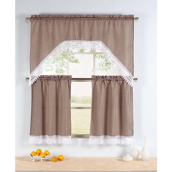 Window Elements Semi-Opaque Checkered Chocolate Embroidered 3-Piece Kitchen Curtain Tier and Valance Set