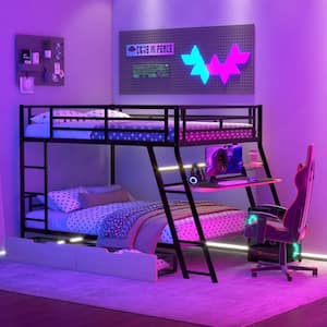 Black Full Size Metal Bunk Bed with Light, Built-in Desk and 2-Drawer