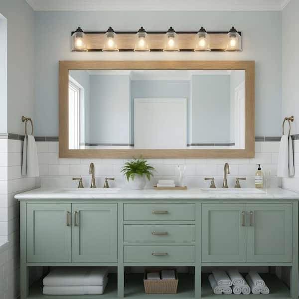 48.5 in. 6-Light Black Bathroom Vanity Light with Clear Glass Shades