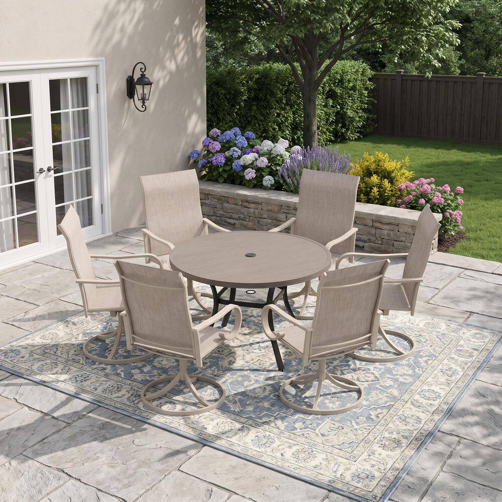 7-Piece Metal Outdoor Dining Set with 47.2 in. Gray Wood-Like Round Table and 6 Sandshell 360° Swivel Textilene Chairs price history on PriceWatchPro