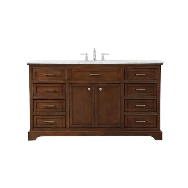 Unbranded Simply Living 60 in. W x 21.5 in. D x 35 in. H Bath Vanity in Teak with Carrara White Marble Top