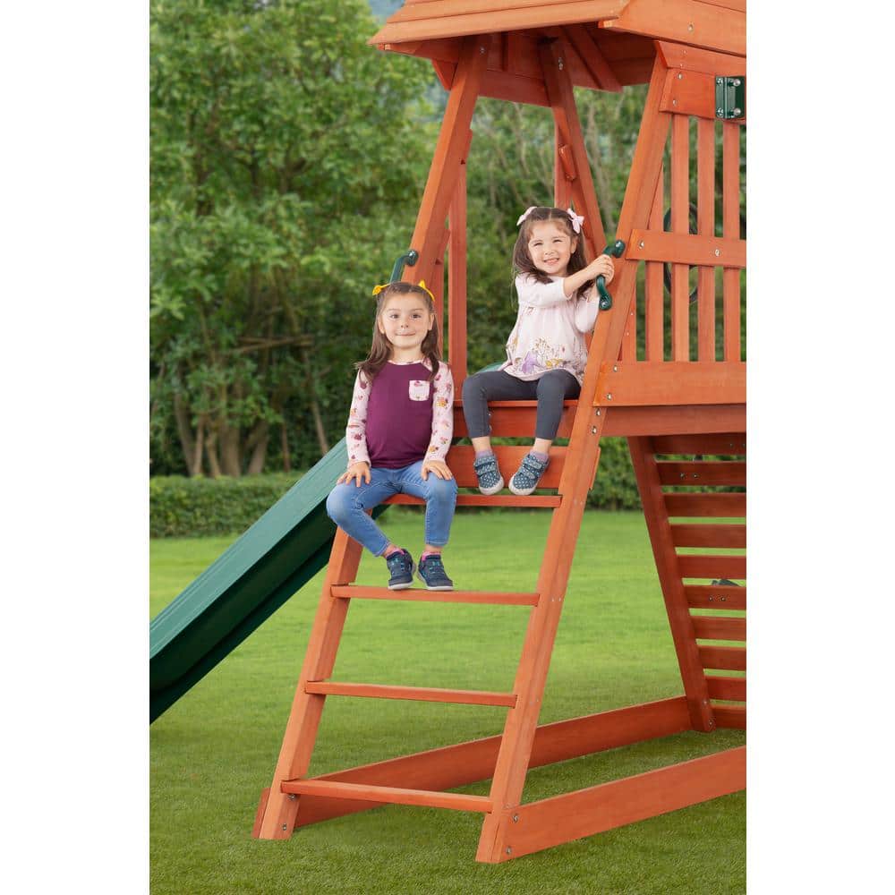Cedar Chalet Wooden Playset with Slide, Swings, and Fort