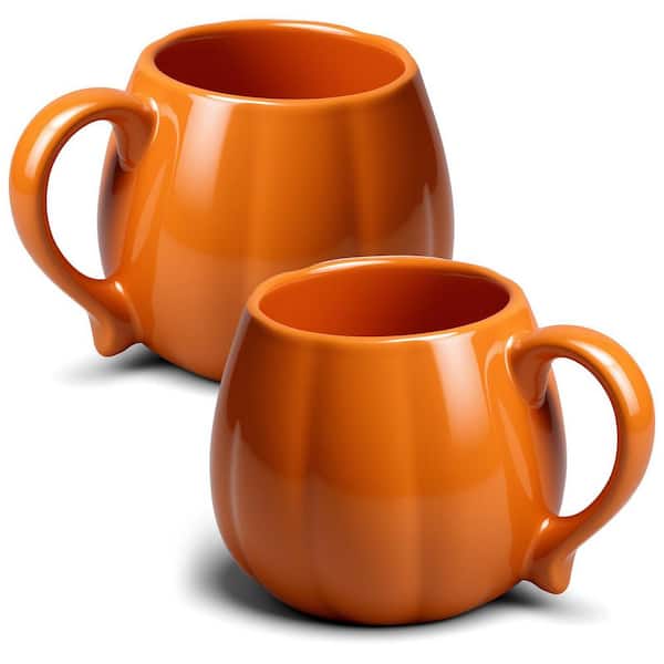14 oz Pumpkin Shaped Ceramic Coffee Mugs for Fall Halloween Thanksgiving, Set of 2 Orange Seasonal Cups