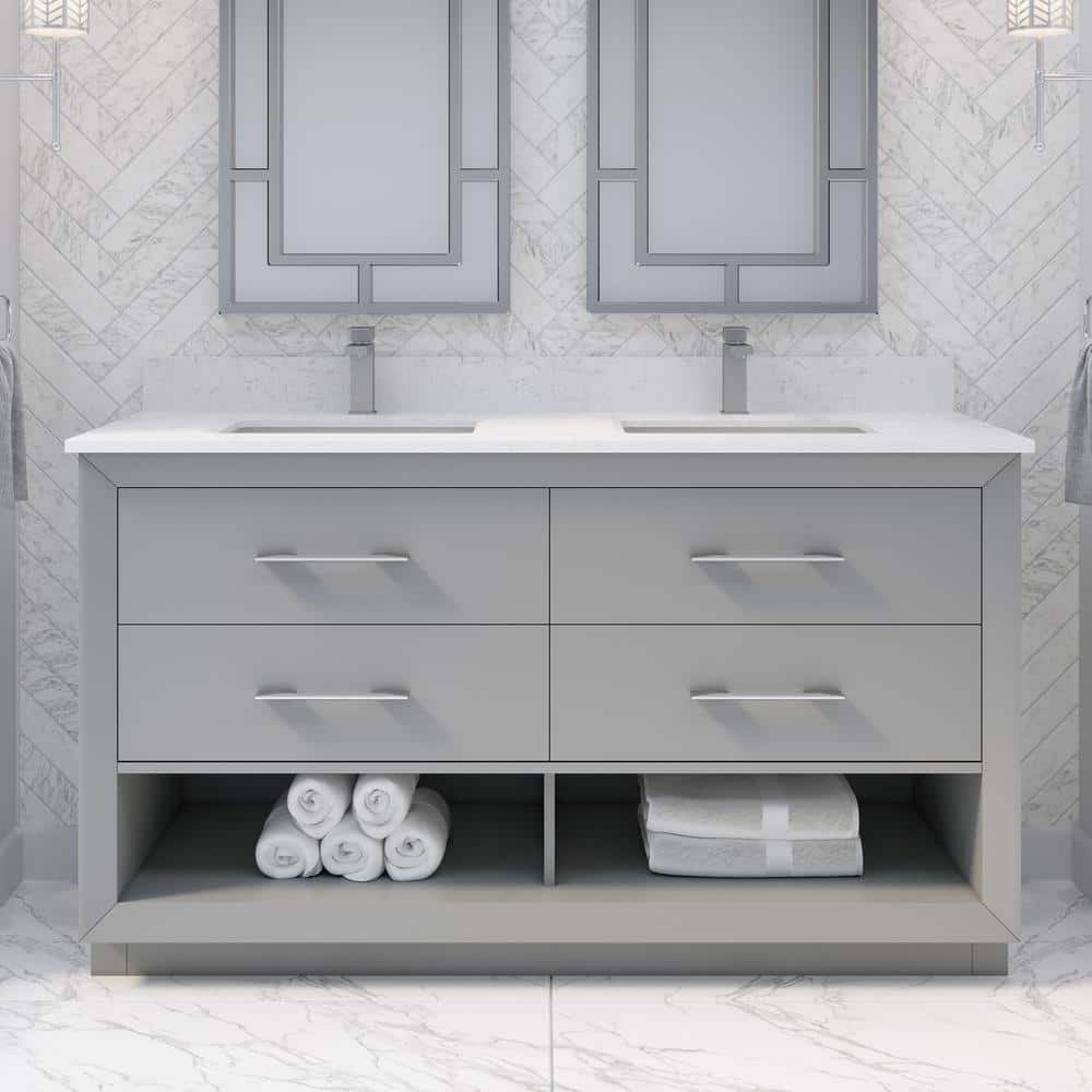 Rio II 60 in. W x 22 in. D Bath Vanity in Gray ENGRD Stone Vanity Top in Wh