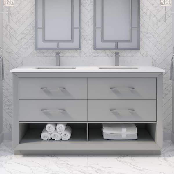 ART BATHE Rio II 60 in. W x 22 in. D Bath Vanity in Gray ENGRD Stone Vanity Top in White with White Basin Power Bar and Organizer