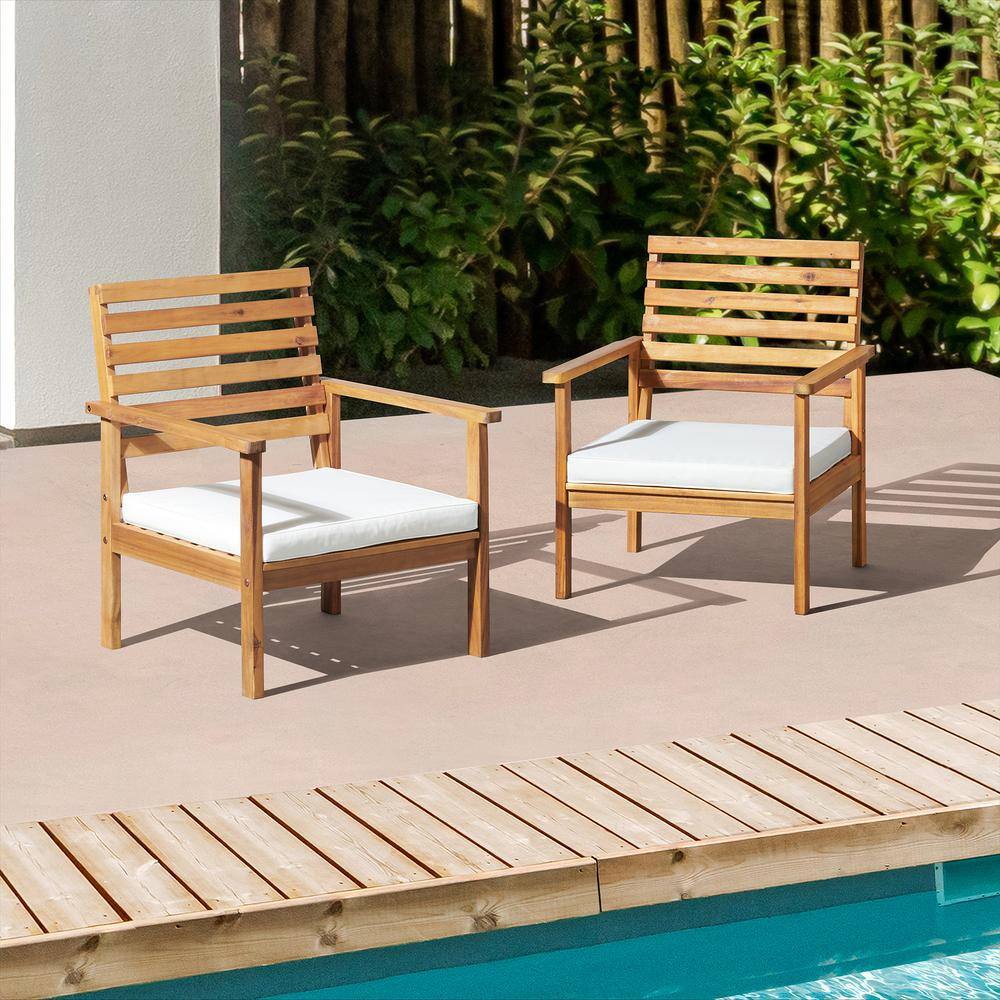 Natural Acacia Wood Outdoor Chairs with White Cushions, Set of 2