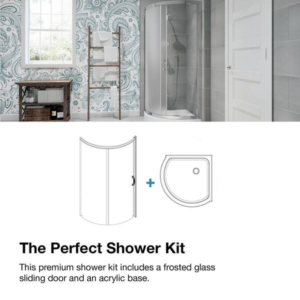 Breeze 32 in. L x 32 in. W x 76.97 in. H Corner Shower Kit with Clear  Framed Sliding Door in Satin Nickel and Shower Pan