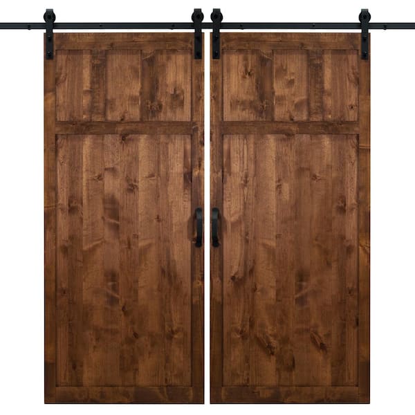 Dogberry 42 in. x 84 in. Walnut Craftsman Wood Double Sliding Barn Door with Hardware Kit