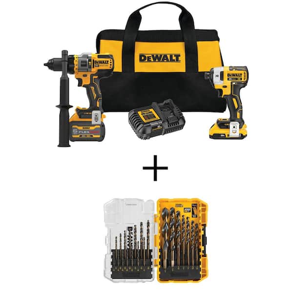 DEWALT 20V MAX Cordless Brushless Hammer Drill/Driver Combo Kit with FLEXVOLT and Black and Gold Drill Bit Set (21 Piece)