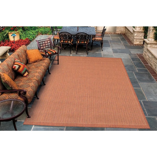 Recife Saddle Stitch Terracotta-Natural 7 ft. x 6 in. x 7 ft. 6 in. Round Indoor/Outdoor Area Rug