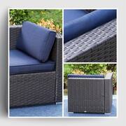 Dark Brown Rattan Wicker 6 Seat 8-Piece Steel Outdoor Fire Pit Patio Set with Blue Cushions and Rectangular Fire Pit