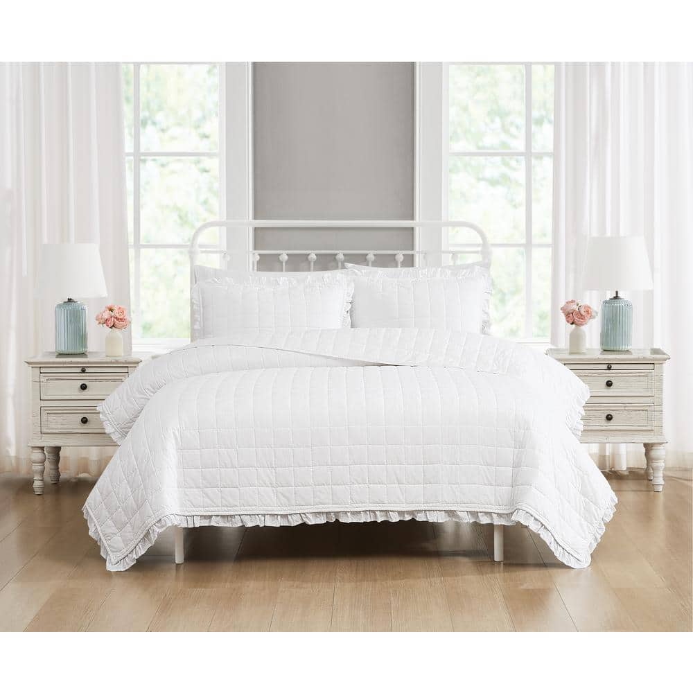 King White Cotton Ruffled Quilt Set with Shams