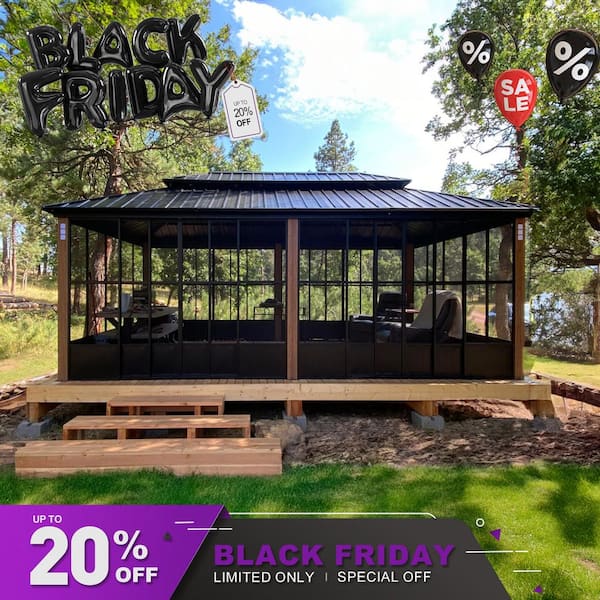 12ft. x 20ft. Sunroom Hardtop Gazebo Solarium Galvanized Steel Double Roof Aluminum PC Mesh Screen House Backyard Brown