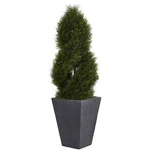4 ft. High Indoor/Outdoor Cypress Double Spiral Topiary Artificial Tree in Slate Planter