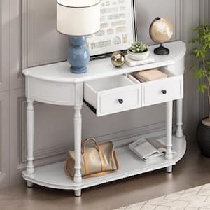 Retro 52 in. White Curved Wood Console Table with Open Style Shelf and 2-Top Drawers